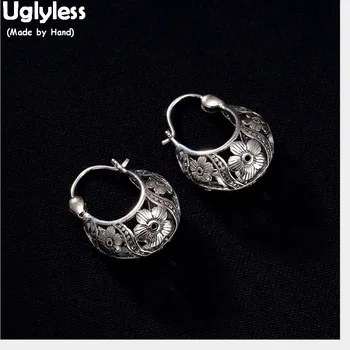 

Uglyless 100% Real Thai Silver Handmade Flower Bag Earrings for Women Solid 925 Sterling Silver Fine Jewelry Hollow Ear Hoops