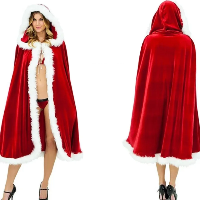 Рождественская маскарадная Вельветовая меховая накидка Mrs Santa Claus красная для