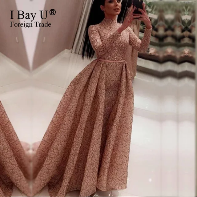 Elegant Vintage Pink Lace Evening Dresses Engagement Arabic Elegant Vintage Pink Lace Evening Dresses Engagement Arabic Dress Long Sleeve Vestido 2017 Formal