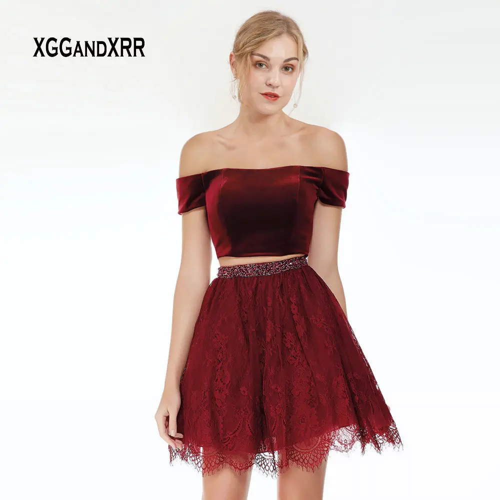 

Burgundy Short Homecoming Dress Two Piece Prom Dress 2019 Velvet off the Shoulder Top Lace Skirt Beaded Graduation Party Gown