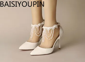 

Women White Crystal Tassel Wristband Shoes Female Wedding Shoes 9cm High Heels Bride Shoes Red Bottom One Word Buckle Sandals