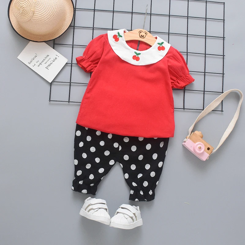 

2019 Summer Baby Girl Clothes Embroidery Cherry Print Short Sleeve T-shirt Blouse Dot Pants Casual Clothes