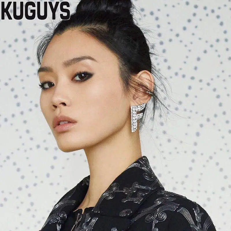 

KUGUYS BlingBling Silver Crystals Earrings for Womens Trendy Jewelry Fashion Hyperbole Letter F Stud Earring Accessories Gift
