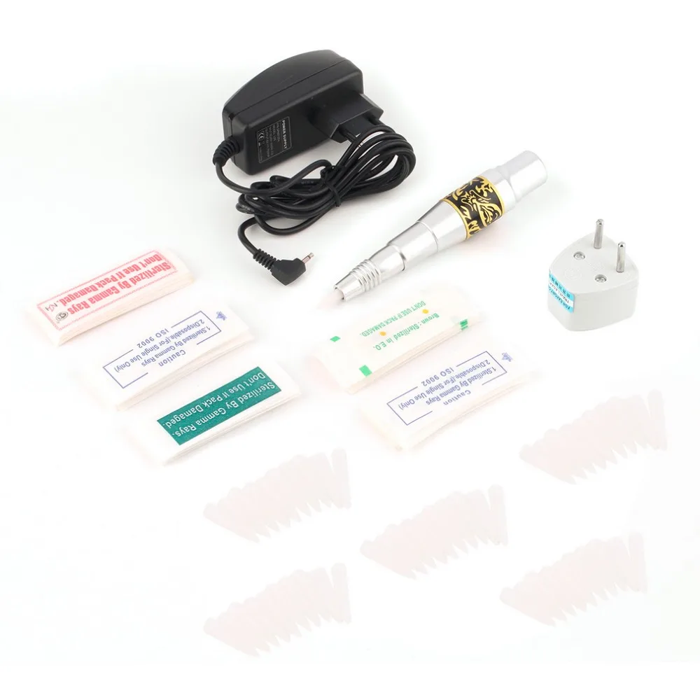 

Permanent Makeup Tattoo Eyebrow Pen Machine 50 Needles Tips Power Supply Set Aluminum Alloy EU Plug White