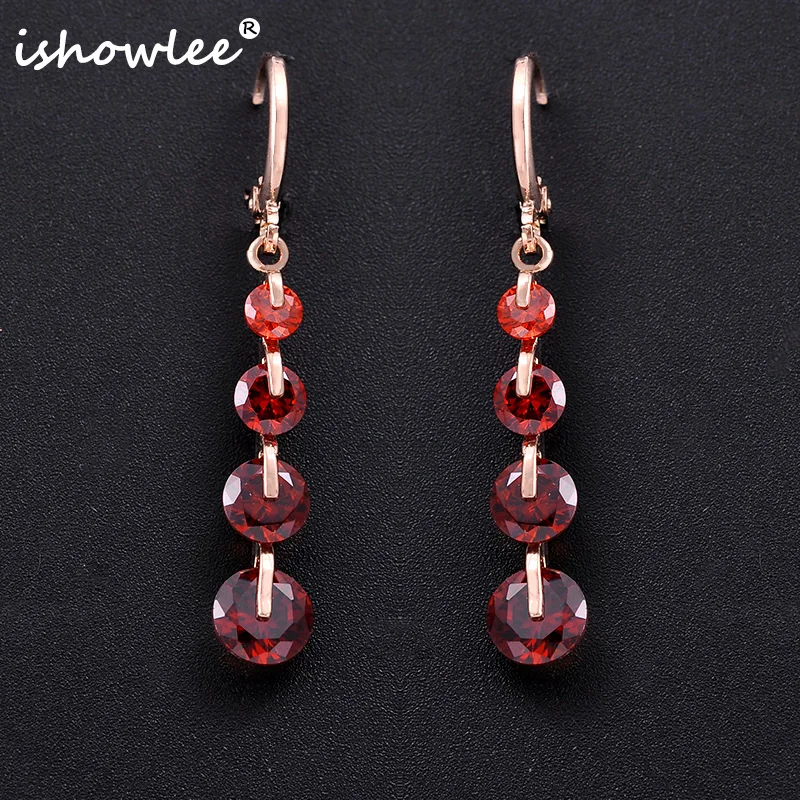 Женские серьги-подвески ishowie из розового золота с красным цирконием 585 пробы
