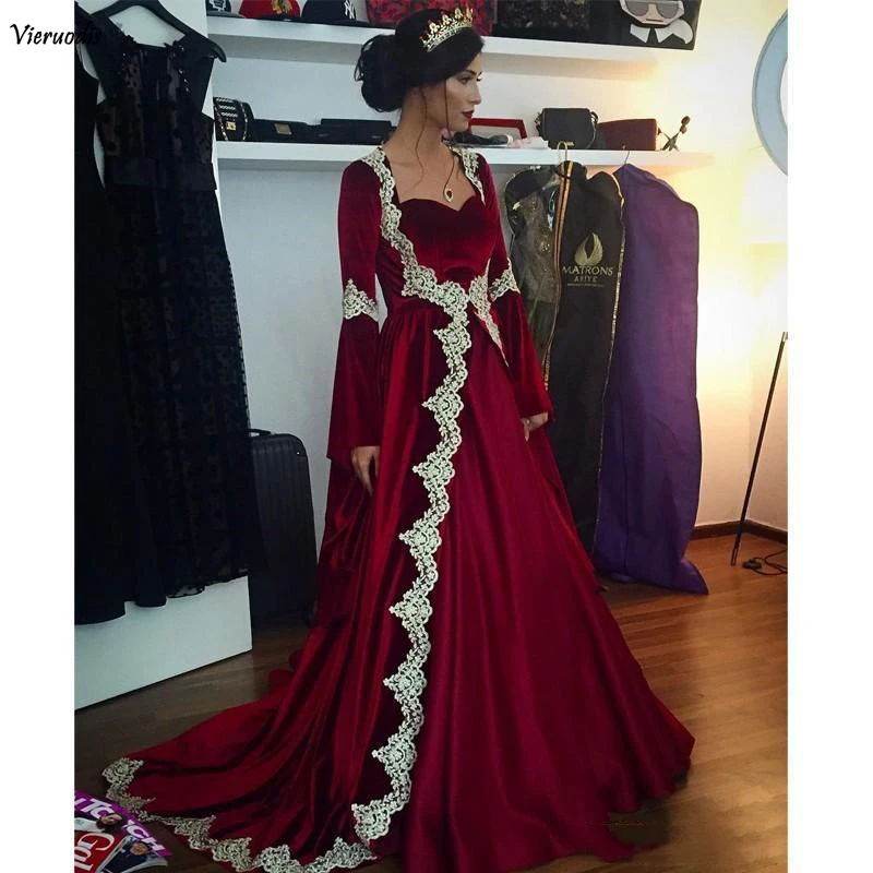 Бордовый бархат Арабская, Дубай с длинными рукавами Кафтан Вечернее платье с аппликацией длинные винтажные мусульманские Вечерние платья