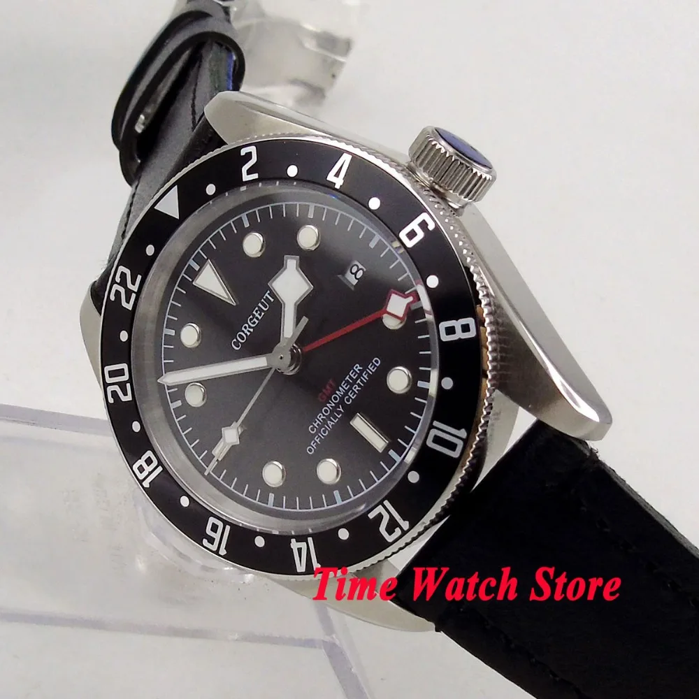 Solid 41mm Corgeut 20ATM mechanical auto watch men GMT waterproof leather strap luminous black dial Bezel sapphire date c116 | Наручные
