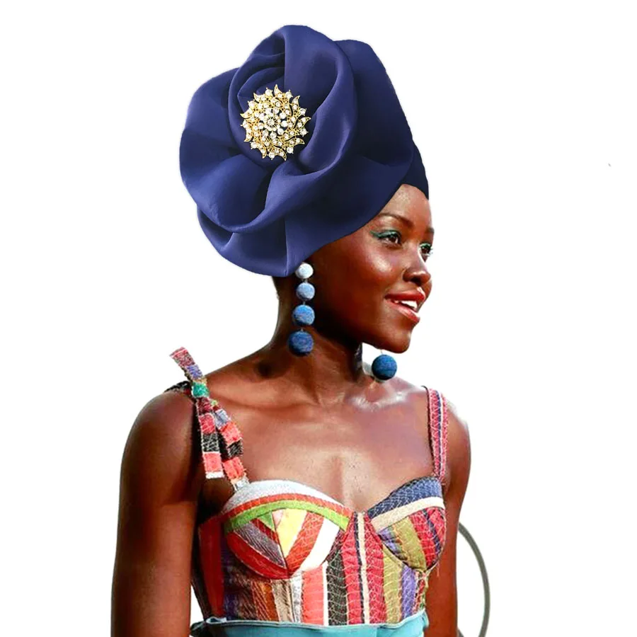 

Traditional women turban flower design African headtie solid color Nigerian headwrap hat fashional