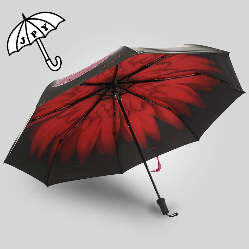 Little Daisy Vinyl UV Sunscreen Umbrella 3 Folding Dual purpose Black