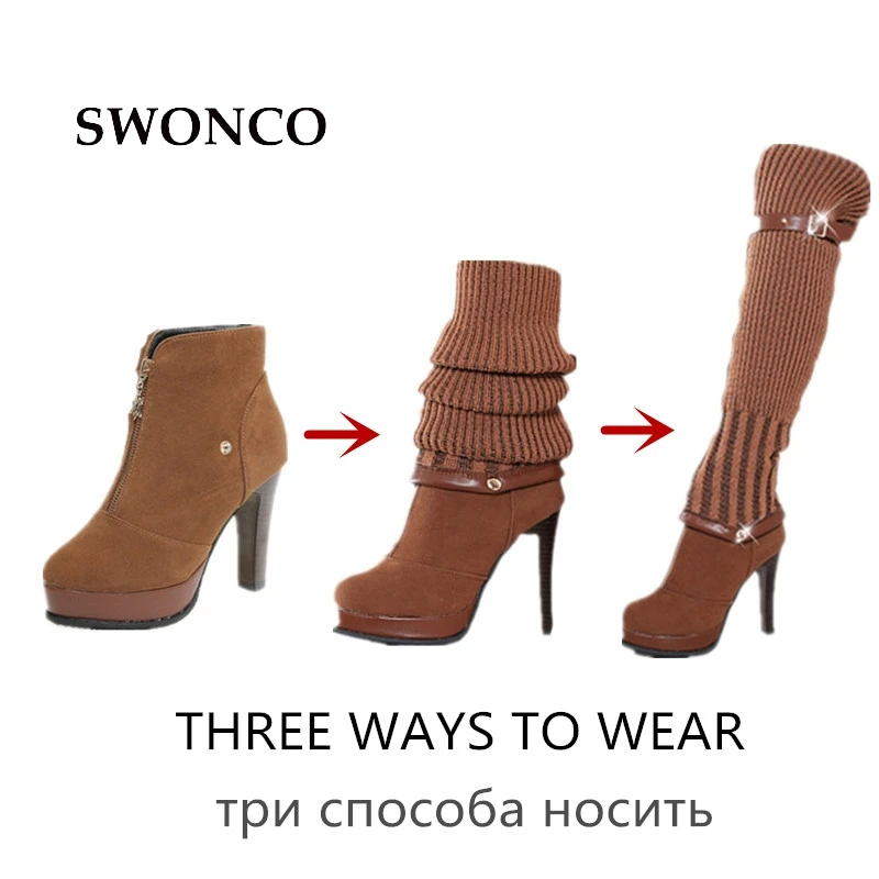 

SWONCO Women's High Boots 2018 Autumn Winter Knitting Wool High Heels Ladies Boot Woman Boots High Heels Platform Woman Shoes