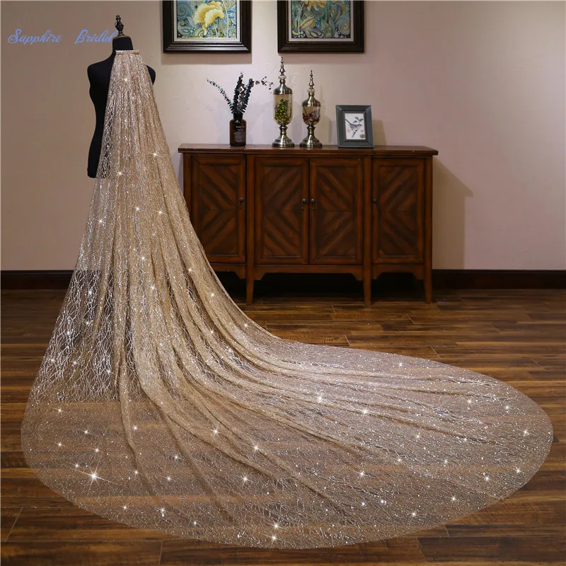 

Sapphire Bridal 2019 New Arrival 4m Gold Sequin Wedding Veils Long Velo De Novia 1 Tier Bridal Veil with Comb Bridal Accessories