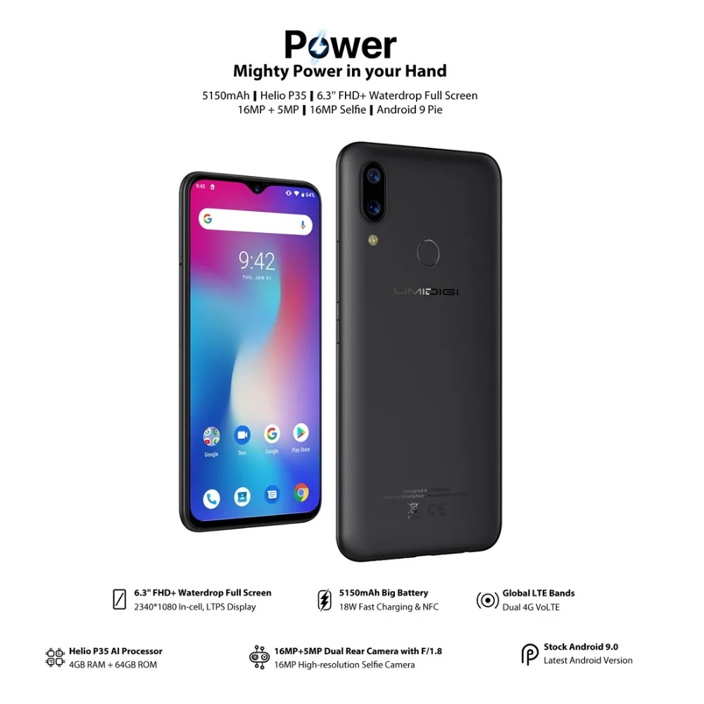 UMIDIGI power Android 9,0 5150 мАч большая батарея 18 Вт 6,3 'FHD+ экран капли воды 4 Гб+ 64 Гб Helio P35 глобальная версия смартфона 16 МП