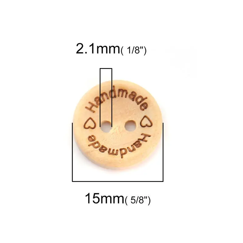 New Natural Wood Sewing Buttons Scrapbooking Two Holes Round Natural Message " Handmade " Pattern 15mm( 5/8") Dia, 100 PCs