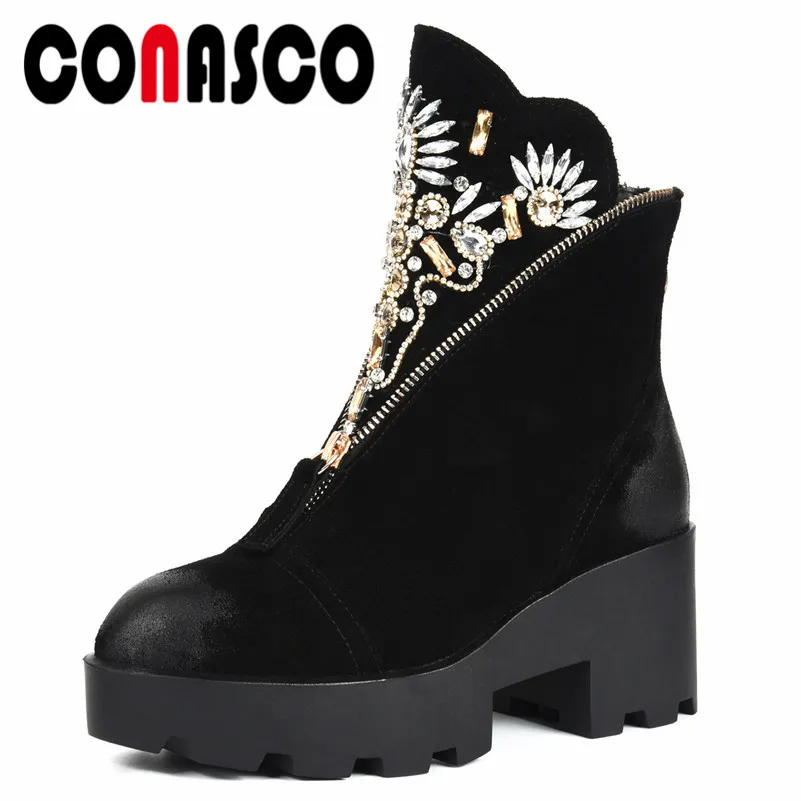 

CONASCO Fashion Brand Women Cow Suede Ankle Boots High Heels Rhinestone Wedding Party Shoes Woman Platforms Party Shoes Boots
