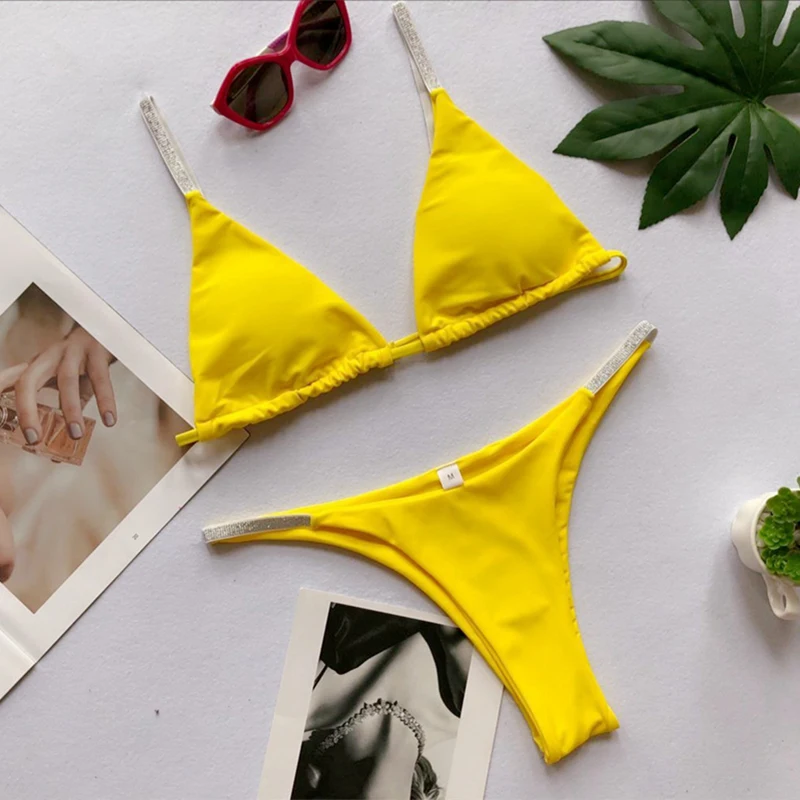 

JSY Hot Sale Sexy Solid Sequined Micro Bikini Set Two Pieces Swimsuit Women Split Swimwear Female Summer Beachwear Y0032