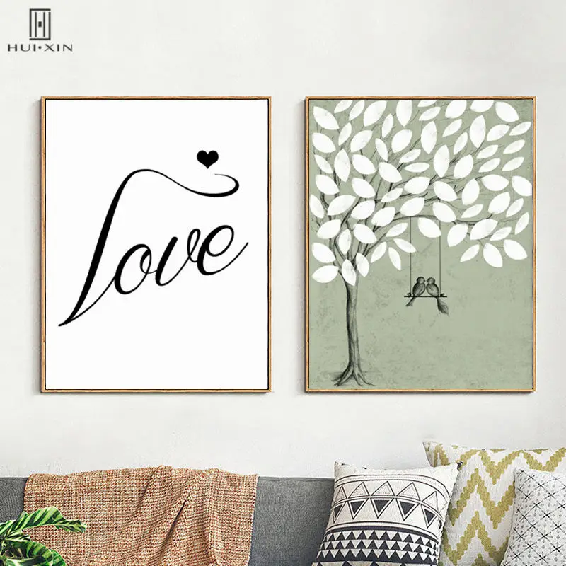 

Tropical Leaf Green Plants Canvas Paintings Love Two Birds On A Swing Decorative Posters Wall Arts For Home Decoration