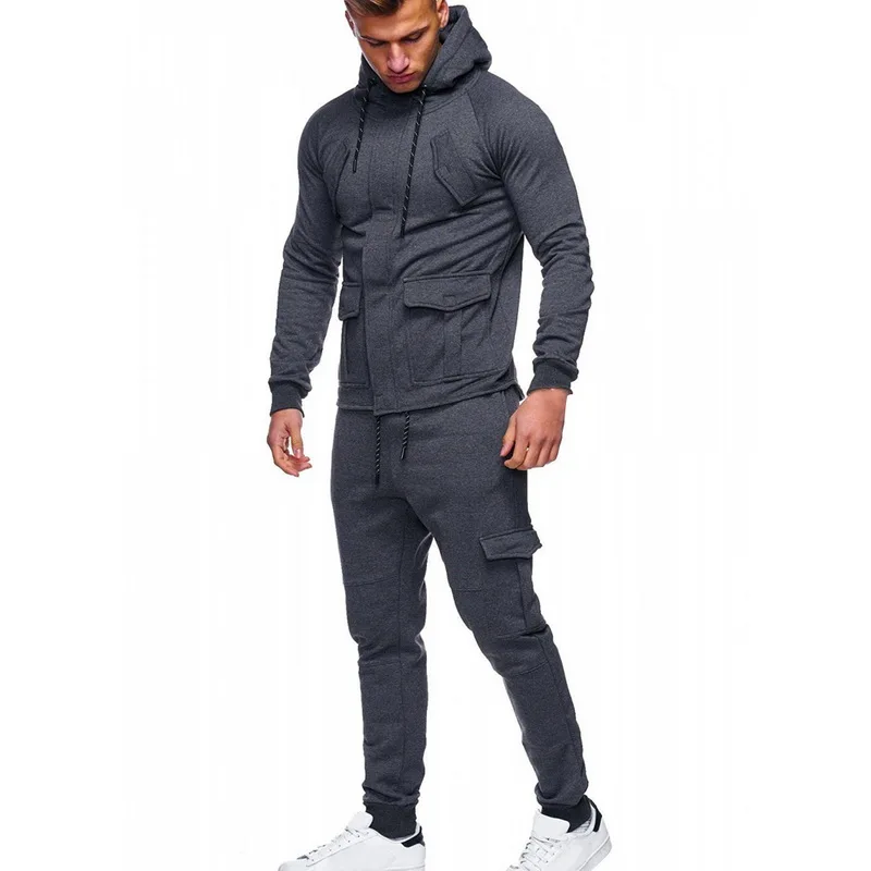 Laamei новые весенние мужские комплекты из 2 предметов модный однотонный мужской свитер+ брюки спортивные костюмы повседневные Карманы на шнурке спортивная одежда - Цвет: dark gray
