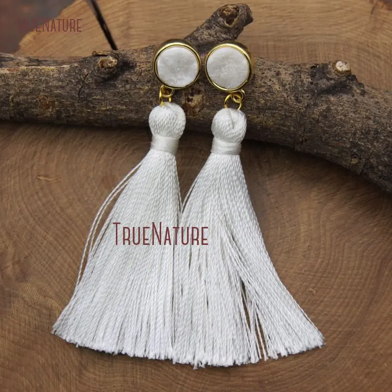 

Bohemian Style White Silk Tassel Stud Earring Round Shape Druzy Charm Gold Finish Women Earrings 3.5 inch ER9221