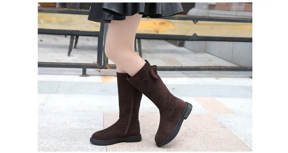 Осенне-зимние детские ботинки из флока из искусственной кожи однотонные сапоги до колена для девочек сапоги для маленьких девочек с бантом сзади размеры 27-37