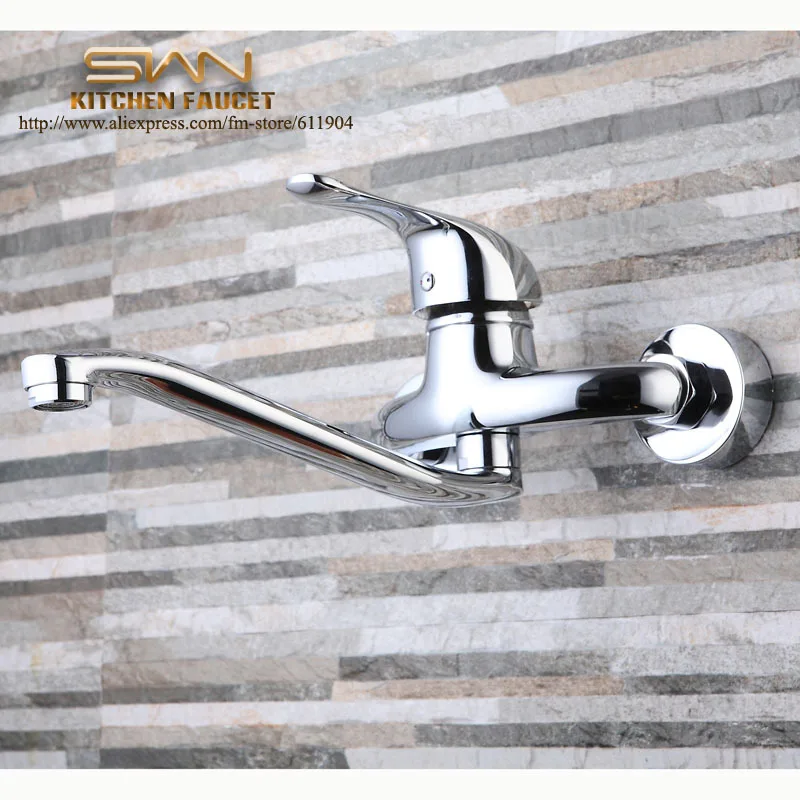 Hot Sale Chrome Brass Wall Mounted  Kitchen Sink Faucet Mixer Tap Swivel Spout 2131181