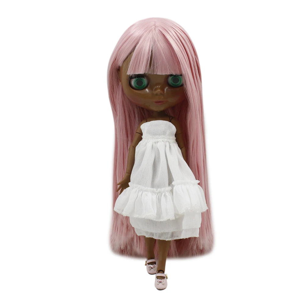 ICY DBS Blyth dolls super black skin tone darkest skin black Cute pink straight hair nude joint body 280BL6122