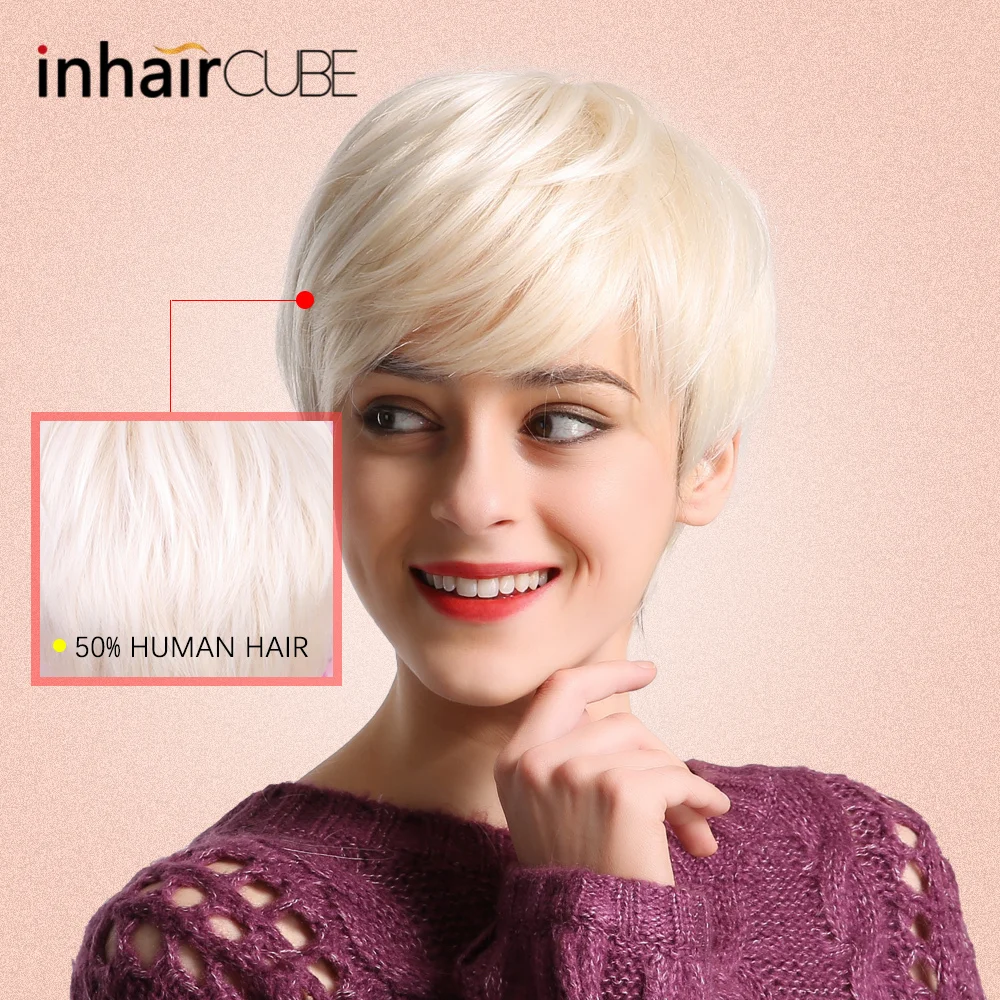 INHAIR CUBE 6 &quotСерый Белый 50% синтетические + человеческие волосы натуральные прямые