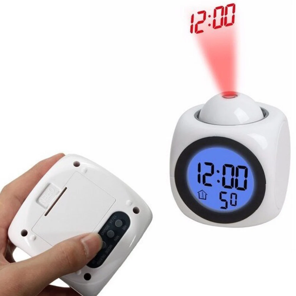 СВЕТОДИОДНЫЙ цифровой говорящий голосовой подсказочный дисплей время проекции будильник термометр функция повтора настольного будильника светильник - Цвет: Белый