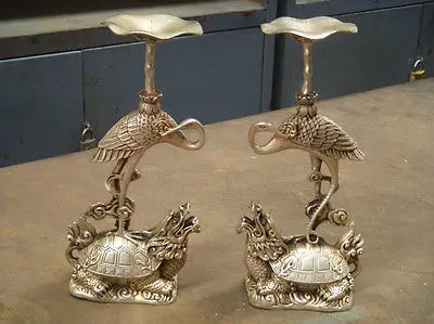 

Pure Chinese bronze Healing Medicine Tibet Silver Candlestick Carved Turtle Swa Pair Garden Decoration real Brass Bronze