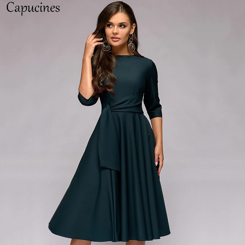 

Women 3/4 Sleeves Sashes A-line Dress 2019 Spring Summer Solid Casual O-Neck Knee-Length Dress Vintage Female Slim Dresses