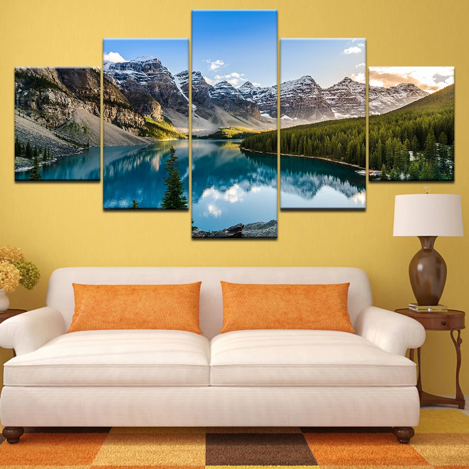 HD Печать картины холст домашний декор Moraine Озеро Закат горы облака лес река природа пейзаж плакаты настенные художественные картины