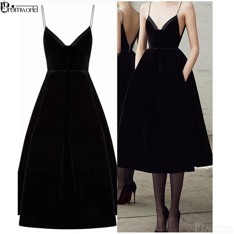 

Simple Black Short Homecoming Dresses 2019 V Neck Spaghetti Straps Tea Length Sexy Prom Dress with Pockets Party Cocktail Gowns