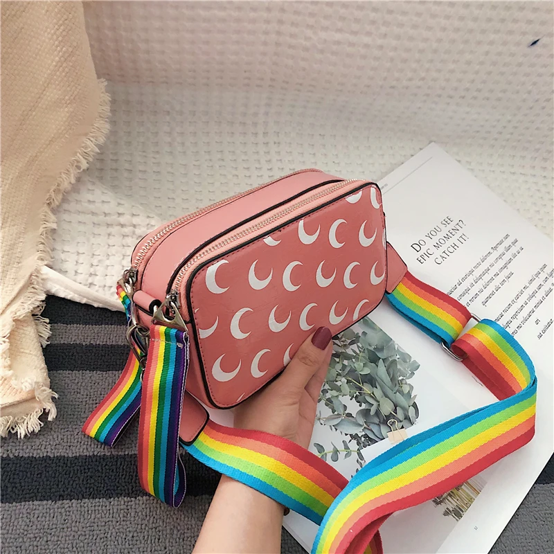 

2019 Hot Sale female PU leather Crescent Moon Flap bags For women Casual Rainbow shoulder strap ladies small mini crossbody bags