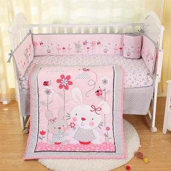

4pcs baby bedding set for baby girl pink rabbit-comforter, crib sheet, crib skirt, bumpers