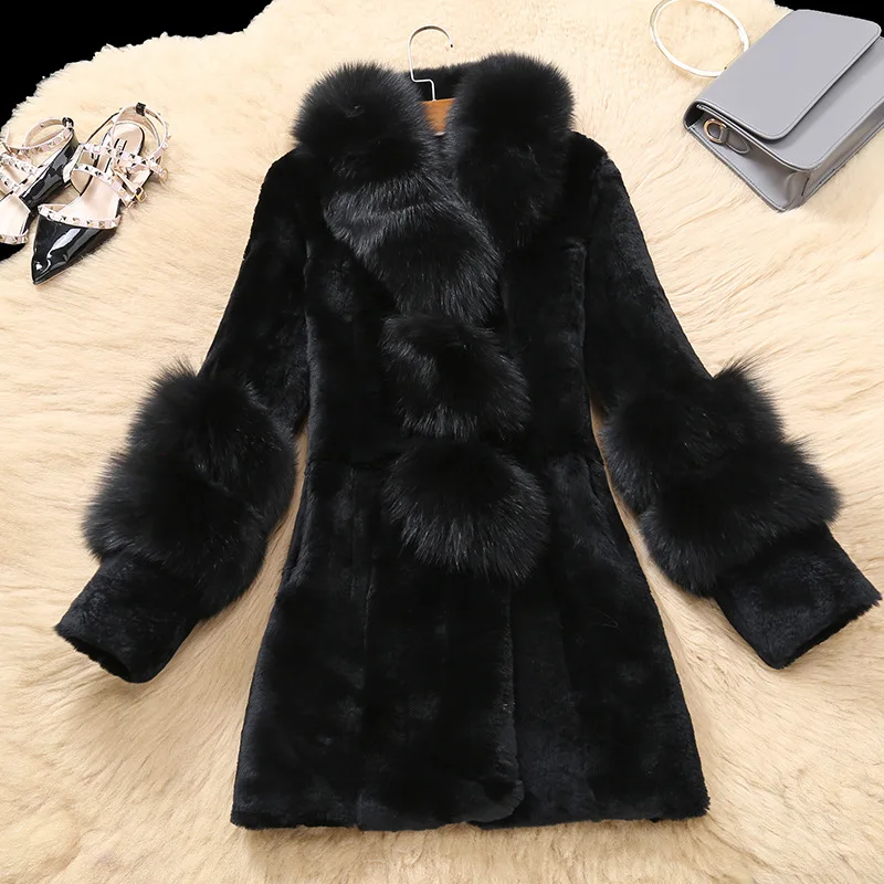 Зимние женские пальто из овчины высокое качество женское теплое пальто из искусственного меха воротник из лисьего меха тонкий жакет из меха размера плюс PC013