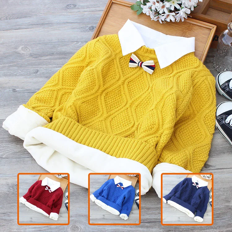 

Fashion Solid Velvet Children Sweaters Warm Removable Collar Sweaters for Boys Girl Knitted Pullovers Outwear Brand Kids Clothes