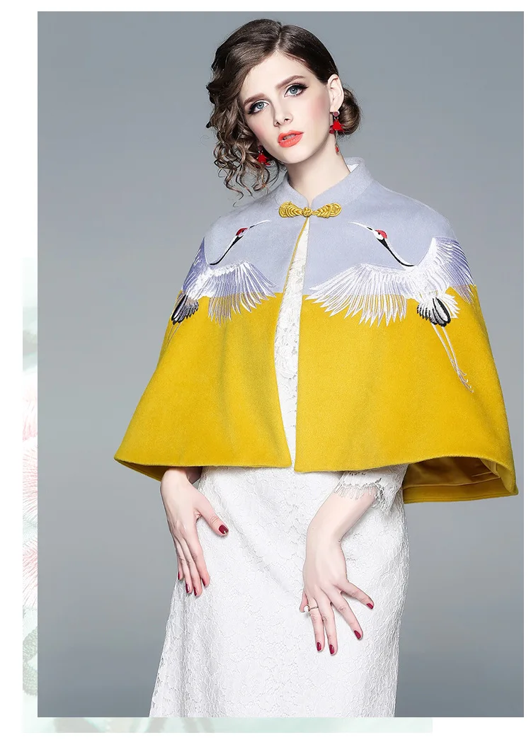 Free shipping Autumn and winter original Chinese style High-end crane Embroidered short-section cashmere cloak for women