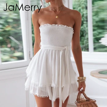 

JaMerry Vintage sexy off shoulder women jumpsuit Summer tassel white sash plus size romper Holiday beach overall jumpsuts 2019