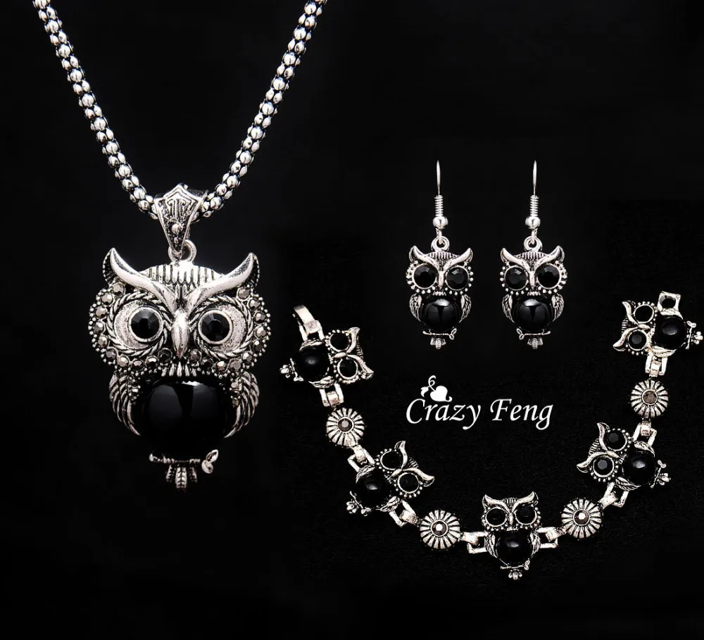 Модный винтажный комплект ювелирных изделий в форме совы, 3 цвета, старинный серебряный кулон, ожерелье, серьги, браслеты, женские вечерние комплекты