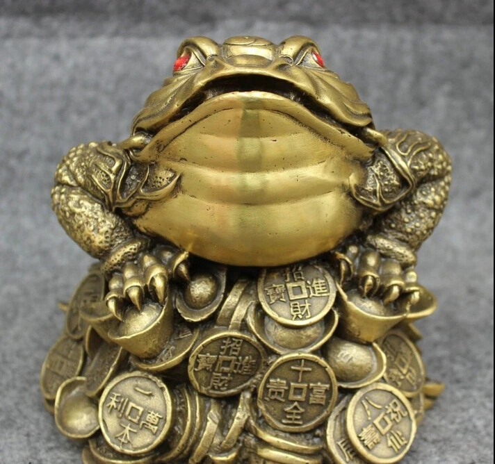 

Chinese Pure Brass FengShui Wealth YuanBao Coin Hoptoad Toad Statue Bronze Set