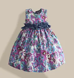 Брендовое платье для девочек, фиолетовое джинсовое платье принцессы с цветочным принтом и поясом, модная детская одежда для вечерние