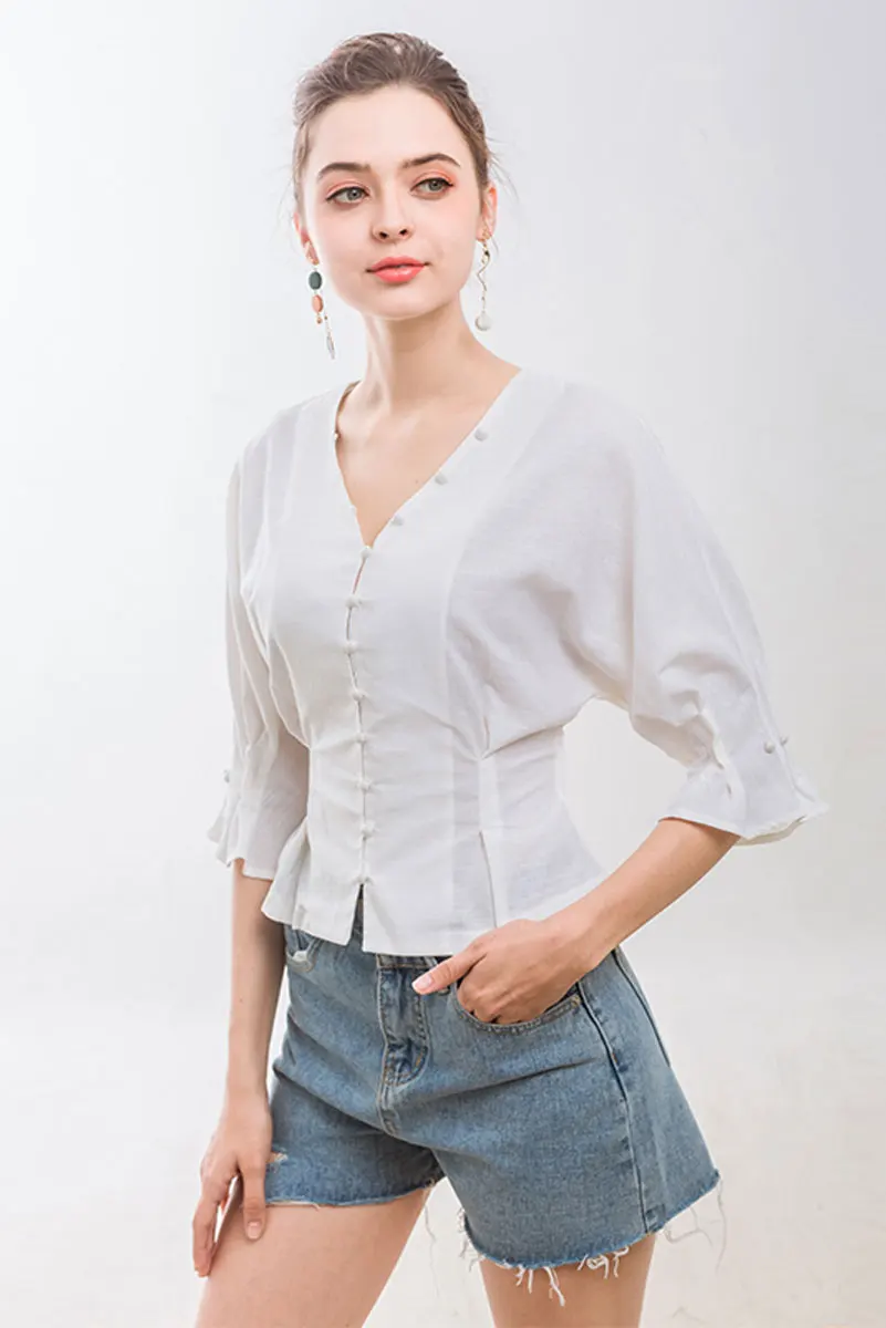 Bella Philosophy Spring Summer Cotton Linen Women Victoria Court Blouse Puff Sleeve French Style Female Blouse Buttons Shirt 6