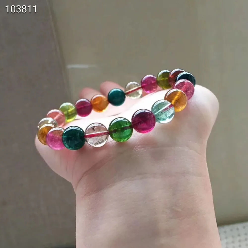 

Genuine Natural Colorful Tourmaline Round Beads Bracelets 9.7mm For Woman Man Fashion Reiki Stone Healing AAAAA Certificate