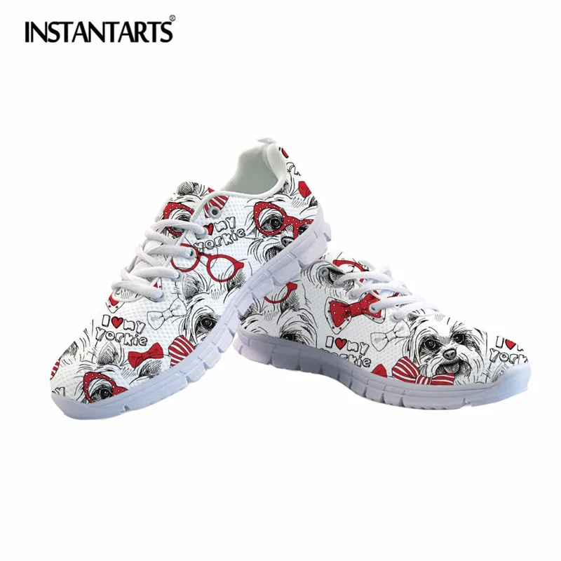 

INSTANTARTS Yorkshire Terrier Printing Women Breathable Sneaker Shoes Comfortable Lacing Flat Shoes Summer Air Mesh Walking Shoe