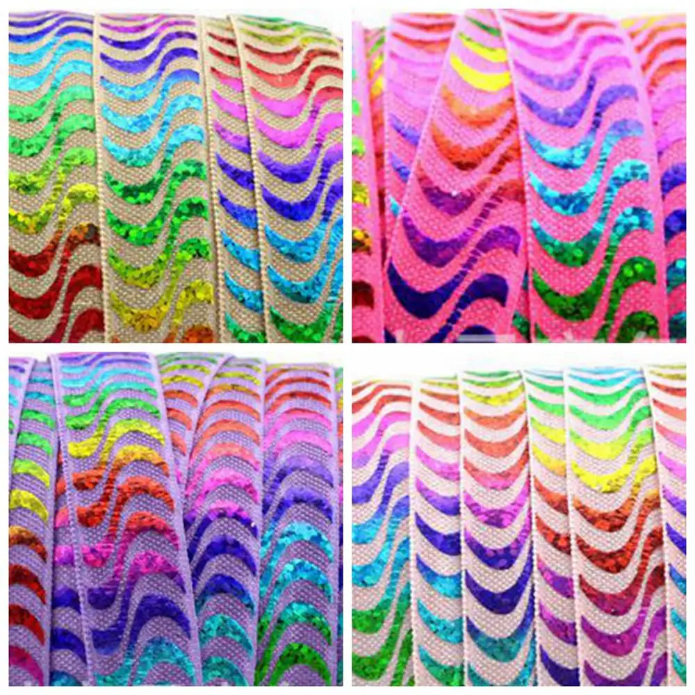 

5/8" hologram rainbow foil wave water ripple FOE fold over elastic for DIY accessories welcome custom printed