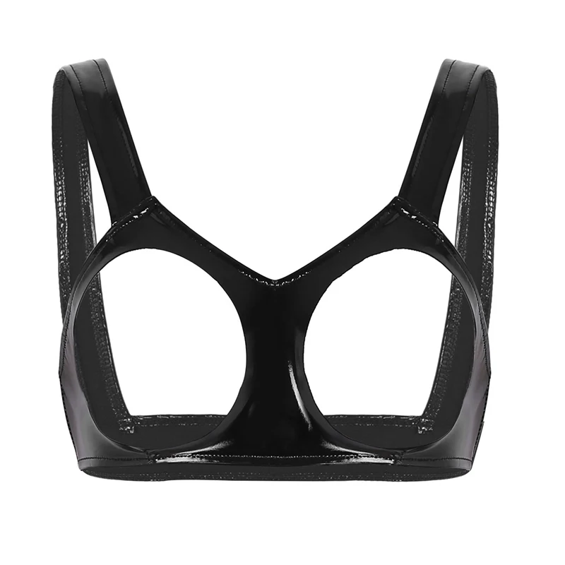 YiZYiF Womens Sexy Open Cups Bra Erotic Lingerie Wetlook Faux Leather Fetish bra cut erotic breasts Underwear open bra Crop Top