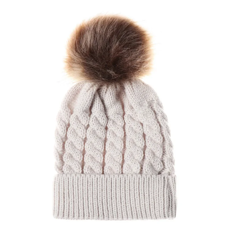 Теплая шапка для младенца из искусственного меха, шапки с помпоном для девочек, детская вязаная шапка на зиму и весну, одноцветная шапка - Цвет: Style 2 ivory