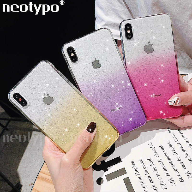 

Gradient Shining Glitter Powder Phone Case For iPhone X XR XS Max 8 7 6 6S Plus Transparent Anti-shock Soft Cover Coque