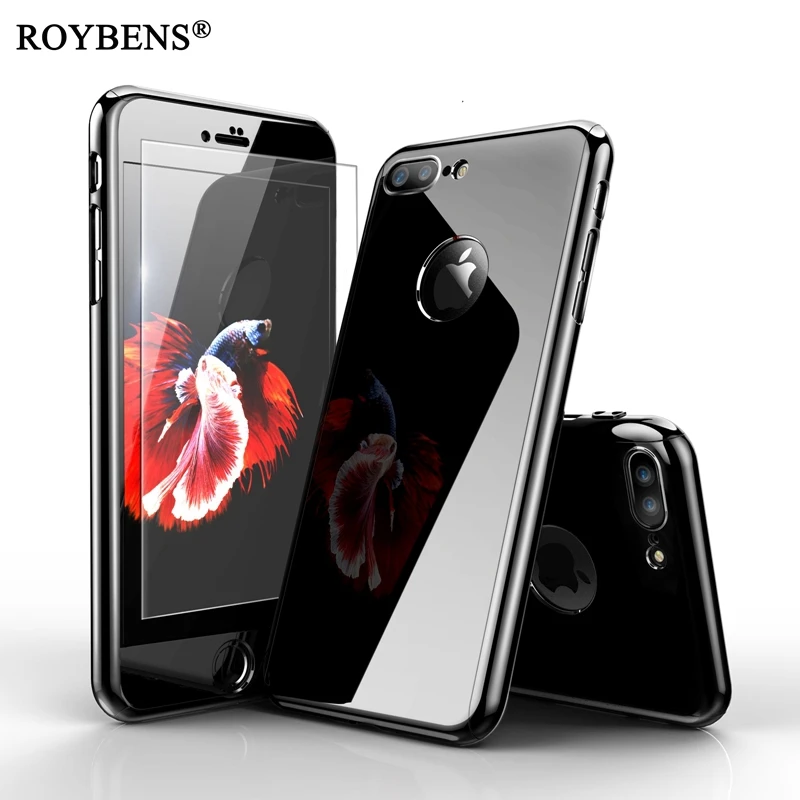 

Roybens Mirror Jet Black 360 Degree Full Protection Case For iPhone 7 Plus 6 6S Coverage Temper Glass Hard PC Cover Luxury Shell