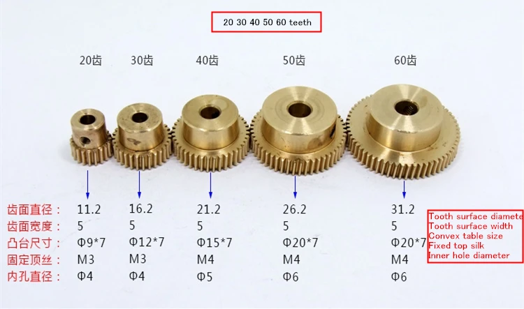 Drive Gearbox 0.5 Modulus Brass Gear 20T/30T/40T/50T/60Tooth,Worm3-6mm Hole Dia 