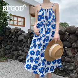 RUGOD женское длинное платье с голубым цветочным принтом на бретельках с галстуком-бабочкой, свободное платье макси, Пляжное Платье modis, новое